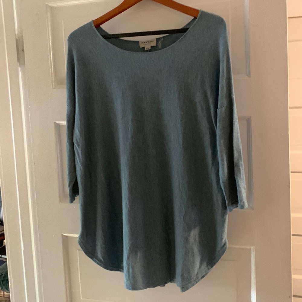Repeat cotton blend top in soft blue. EUC